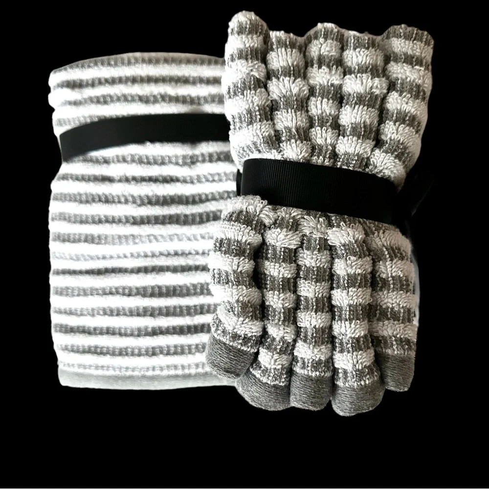 DKNY Eco-Melange 7 pc Towels Set Gray & White Stripes SUSTAINABLY MADE